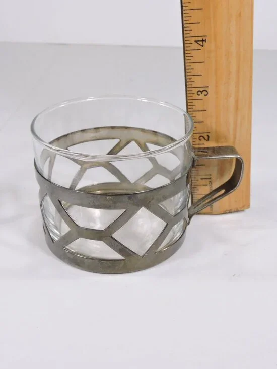 2 Duralex Tempered Glass Cups In Silver Tone Metal Holders - France - Coffee Tea - Picture 5 of 7